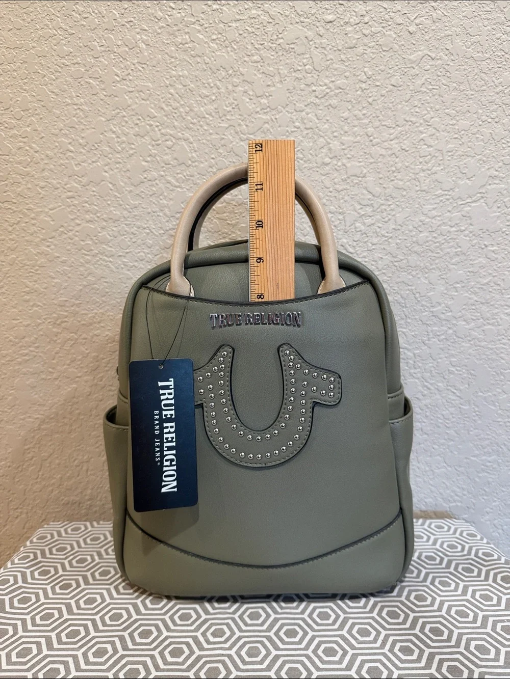True Religion Olive Green Mini Backpack with Beige Top Handles